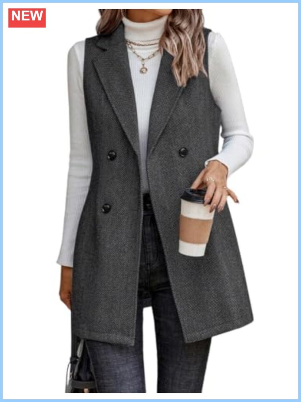 Wool Blend Tweed Long Vest Sleeveless Blazer Women's Open Front Cardigan